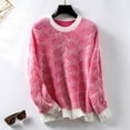 thumbnail image 2 of TFEOQRY Pullover Sweater for Women Fashion Loose Striped Knitwear Long Sleeved Round Neck Sweater Top Hot Pink, 2 of 3