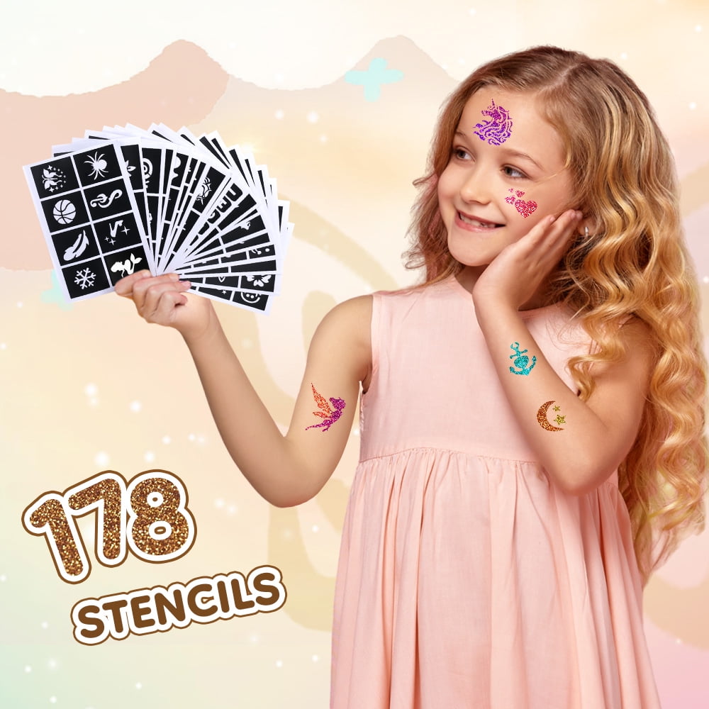 Glitter Tattoo Set, Caveen Bledras 36 Colors Kids Tattoo Kit, 178 Stencils, 4 Brushes, 2 Glues for Carnival, Cosplay Parties (Orange)