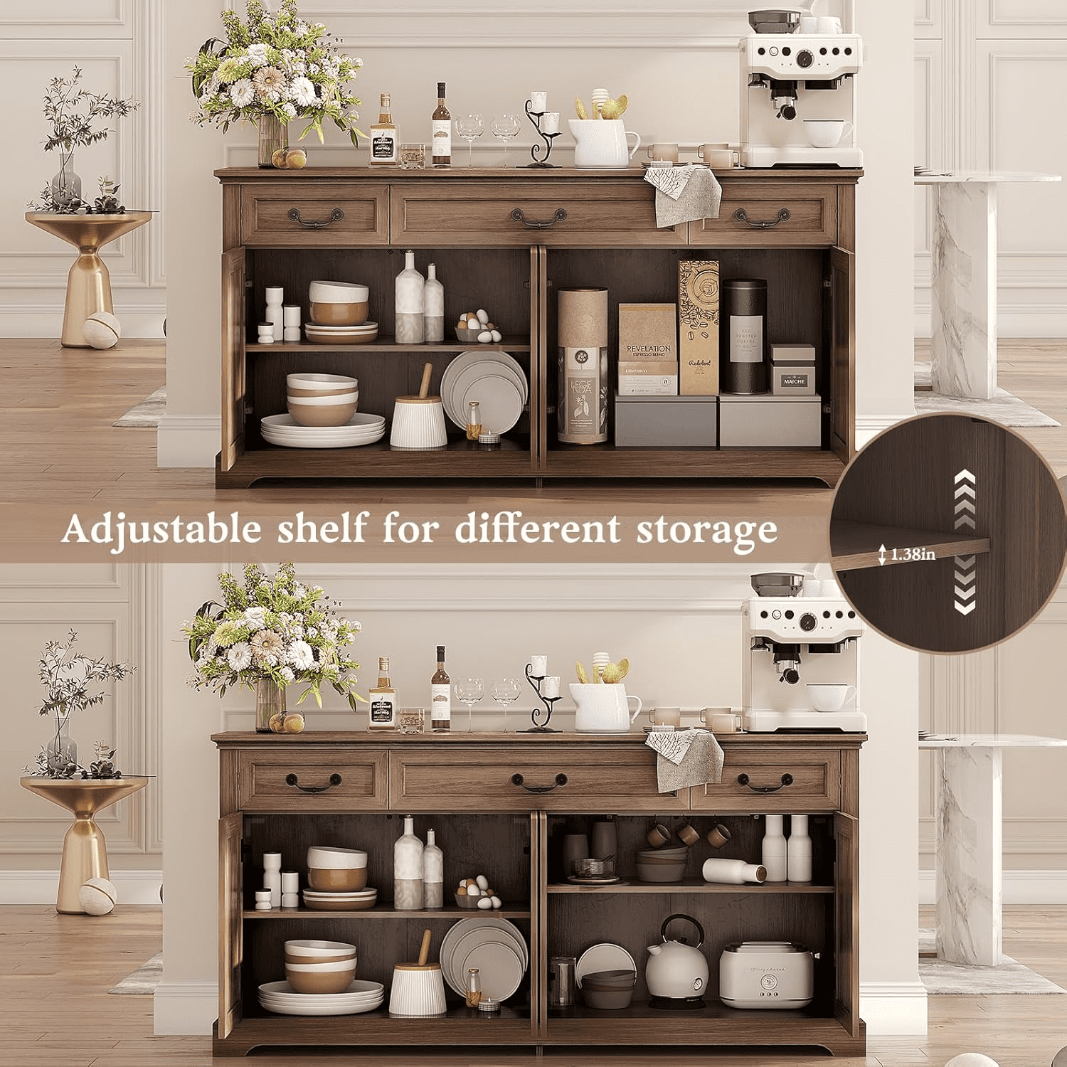 Farmhouse Sideboard Buffet Cabinet with Storage, 64.6'' Large Kitchen Storage Cabinet with Barn Doors Drawers, Wood Coffee Bar Table for Dining Room Living Room,  Brown