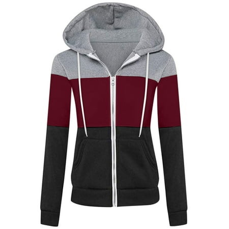 

nsendm Women Sport Long Sleeve Color Contrast Patchwork Zipper Hooded Pocket Jacket Top Linen Jacket for Women Coat 3X-Large