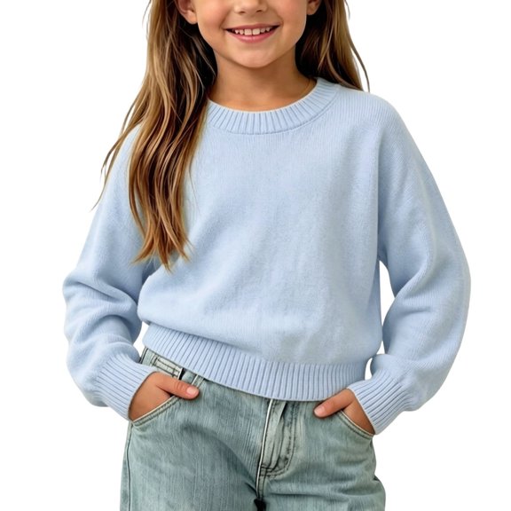 KyCheLot Boys' Girls' Knitted Sweaters Solid Color Crew Neck Long Sleeve Pullover Sweaters Comfy Everyday Tops