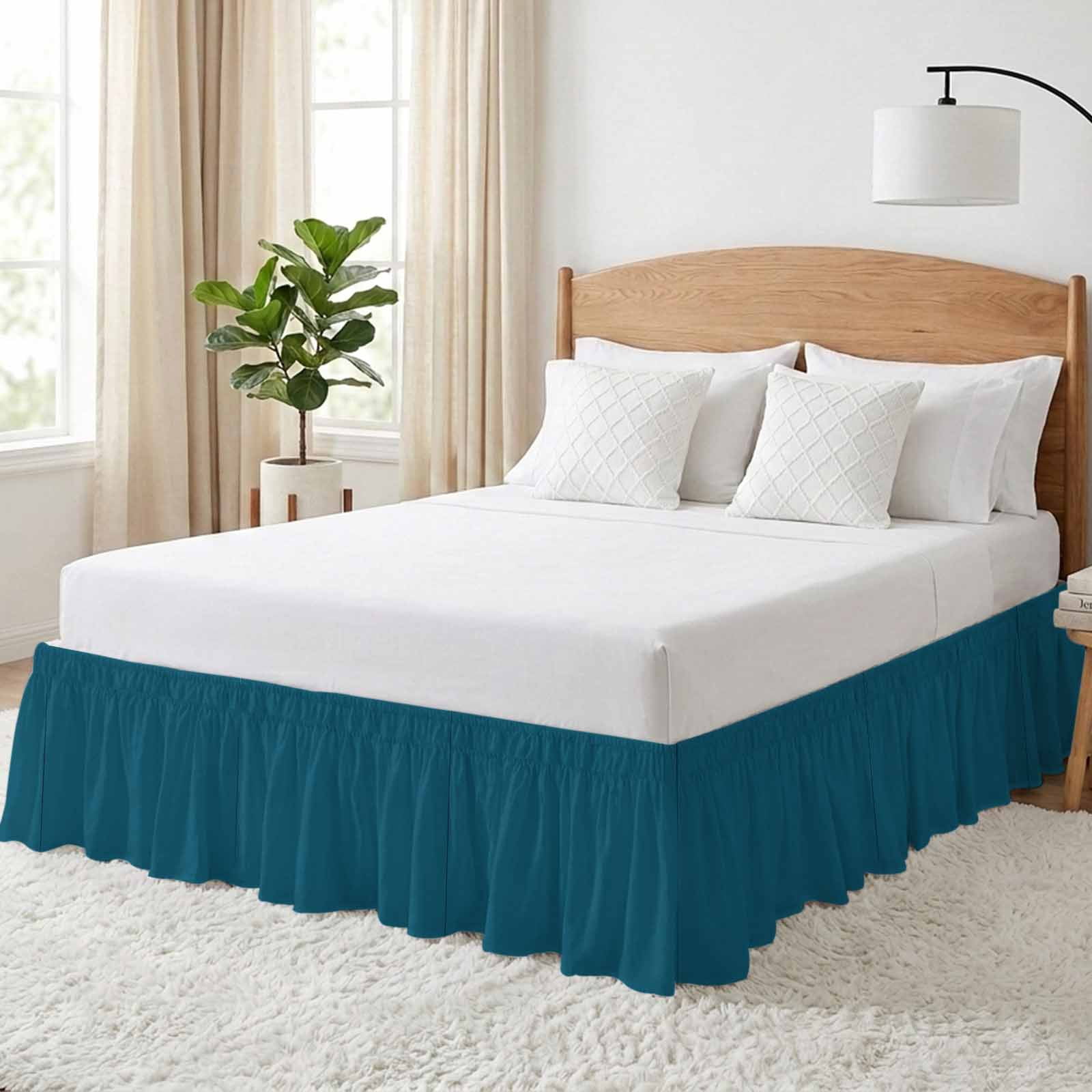 Bed Skirt Solid Dark Adjustable Elastic Wrap-Around Dust Ruffle with Teal 18 Inch Drop, Bed Frame Cover for Queen Size Bed
