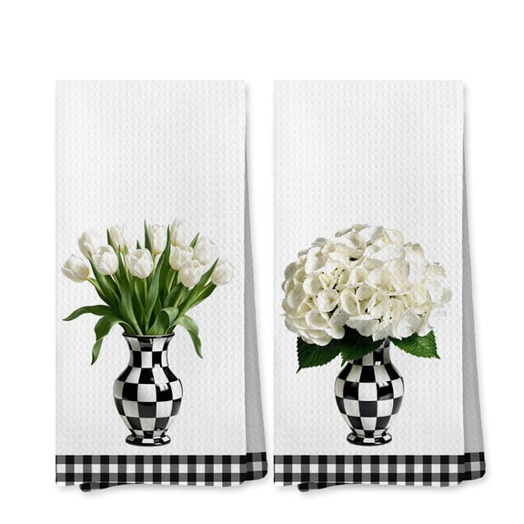White Tulip Floral Kitchen Towels Set of 2, Cottagecore Wild Flower Dish Tea Towels for Kitchen, Black and White Plaid Vase Floral Decorative Hand Towel for Bathroom, 18x26 Inches