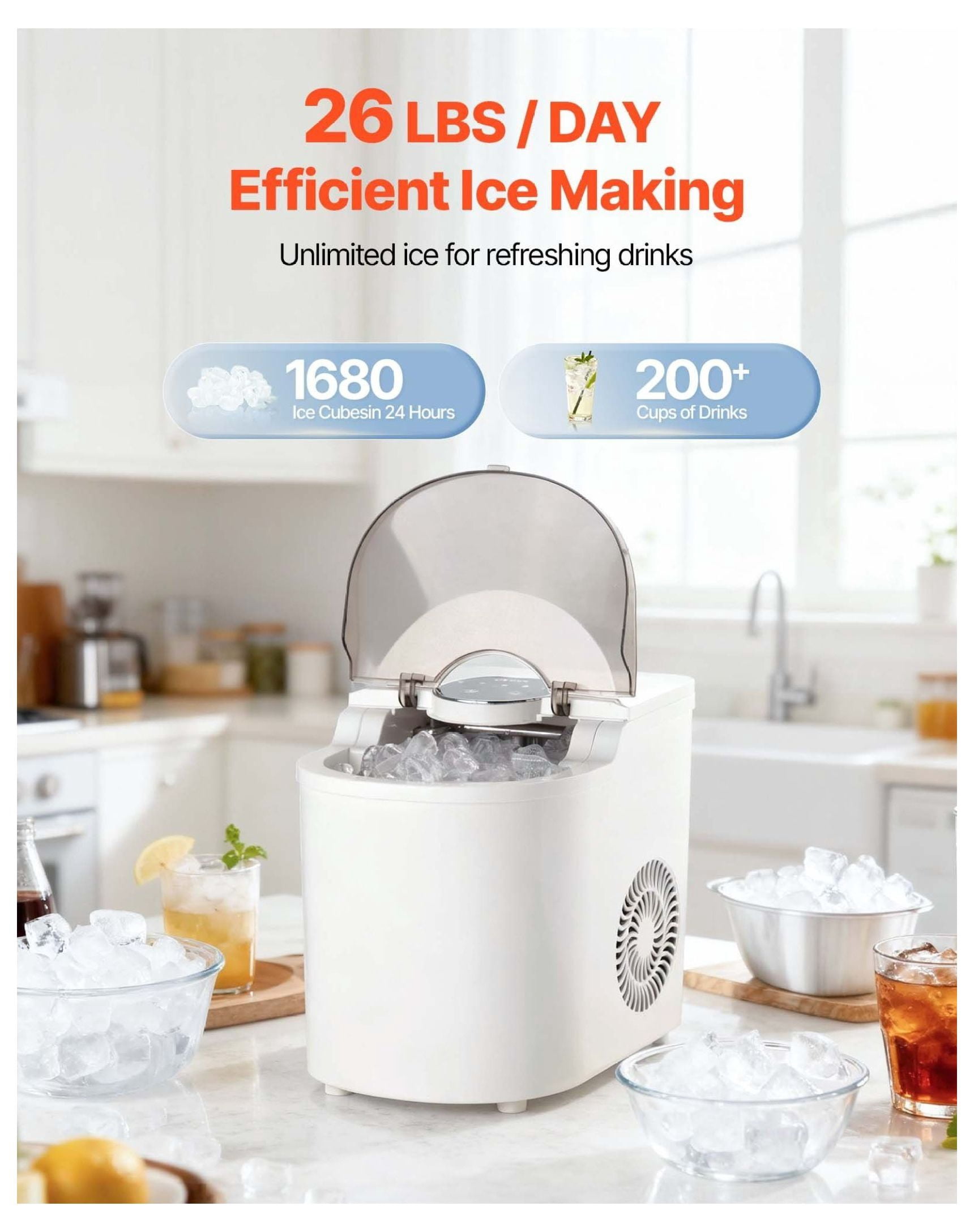 Countertop Ice Maker - 26lbs/Day, 6 Mins Ice, Self-Cleaning, Portable Ice Machine with Scoop - Small/Large Bullet Ice for Home, Kitchen, Bar, Office