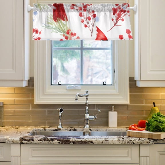 Red Birds Fruit Leaves Curtain Valances Farmhouse Design Window Treatment Decor Blackout Rod Pocket for Windows Living Room Kitchen 54" x 18"