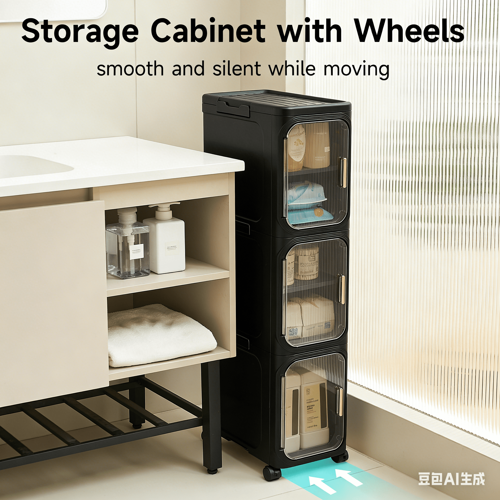 4-Tier Bathroom Storage Cabinet with Wheels, Magnetic Doors, Plastic Slim Bathroom Organizers and Storage for Small Spaces, Kitchen,Black