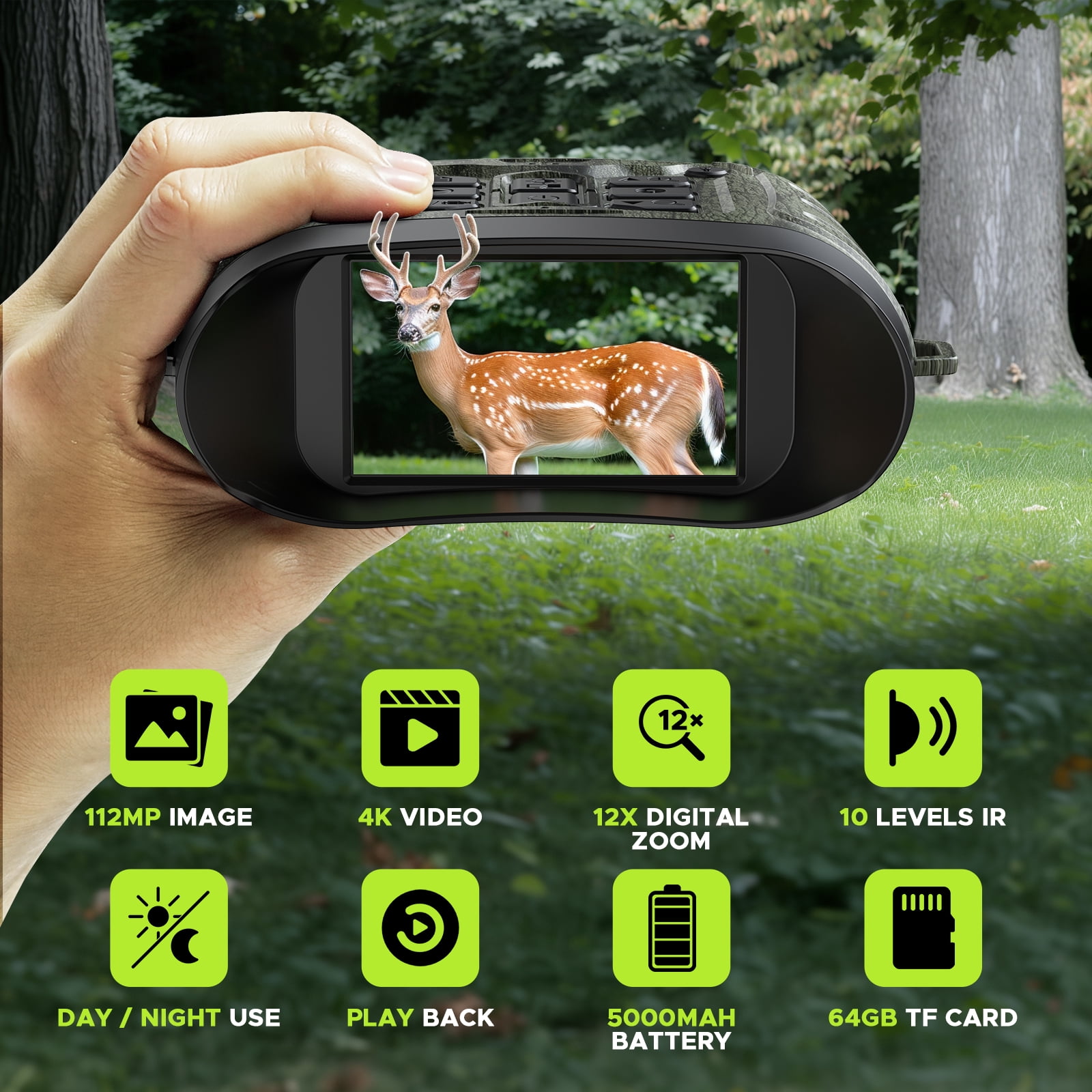 CAMPARK Night Vision Goggles - 4K 112MP Night Vision Binoculars with 64GB TF Card can Save Photo and Video, 3'' HD Screen for Camping & Security