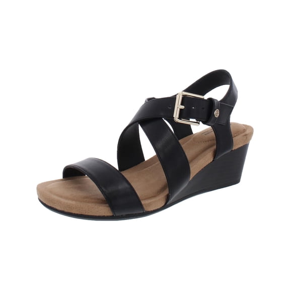 Giani Bernini Womens Blythee Faux Leather Wedge Sandals Black 8.5 Medium (B,M)