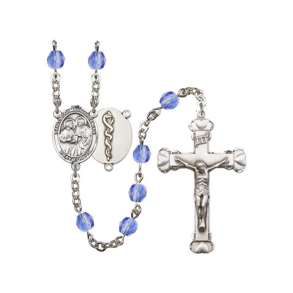 Sts. Cosmas & Damian / Doctors Silver-Plated Rosary 6mm September Blue Fire Polished Beads Crucifix Size 1 5/8 x 1 medal