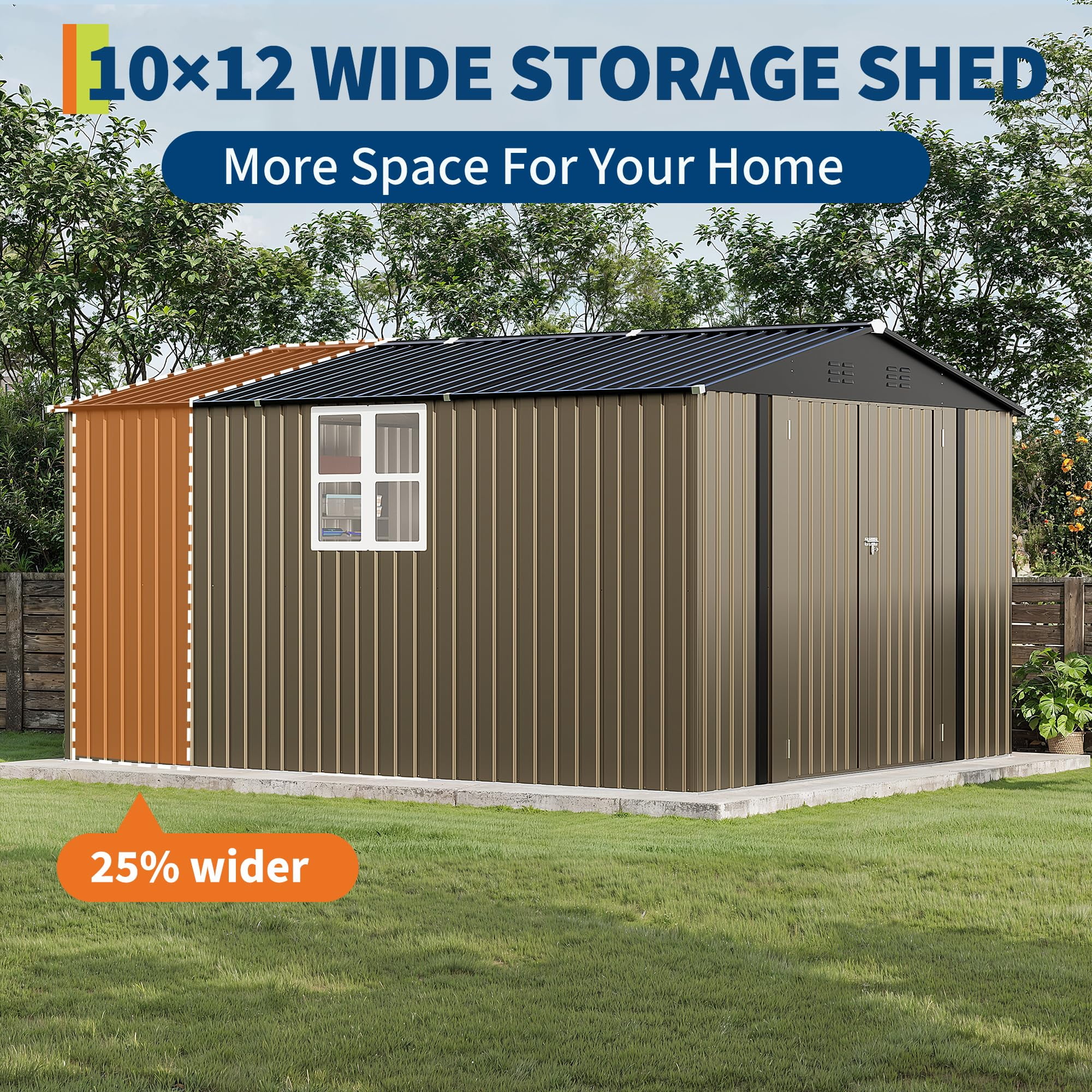 10X12 FT Storage Shed，Lockable Gable Roof Garden Shed with Grid Window, All-Weather Resistant Storage Unit for Bikes, Ladders, Patio Supplies & Garden Essentials