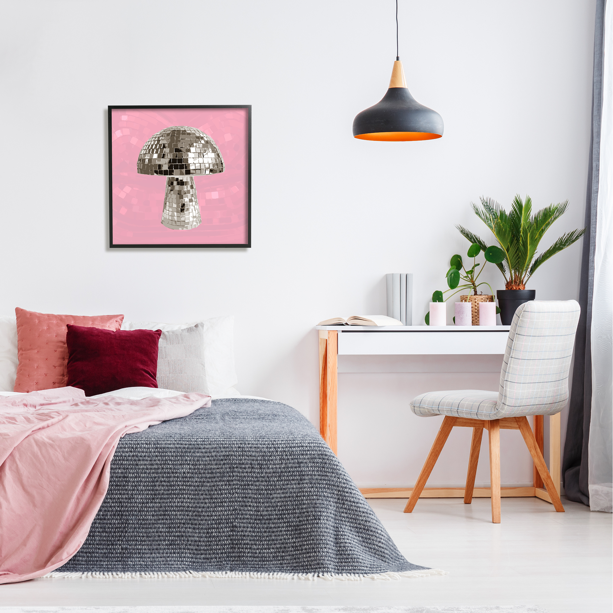 Stupell Industries Pink Mushroom Shaped Disco Ball Beauty & Fashion Painting Black Framed Art Print Wall Art
