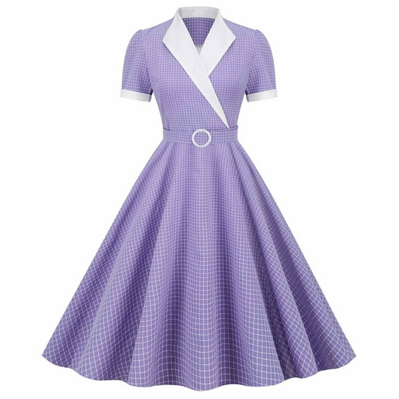 Summer Saving Wycnly Womens Dresses Empire Waist Flowy Pleated Swing A Line Vintage 1950S Graduation Dresses Summer Color Block V-Neck Short Sleeve Formal Midi Dress Purple s