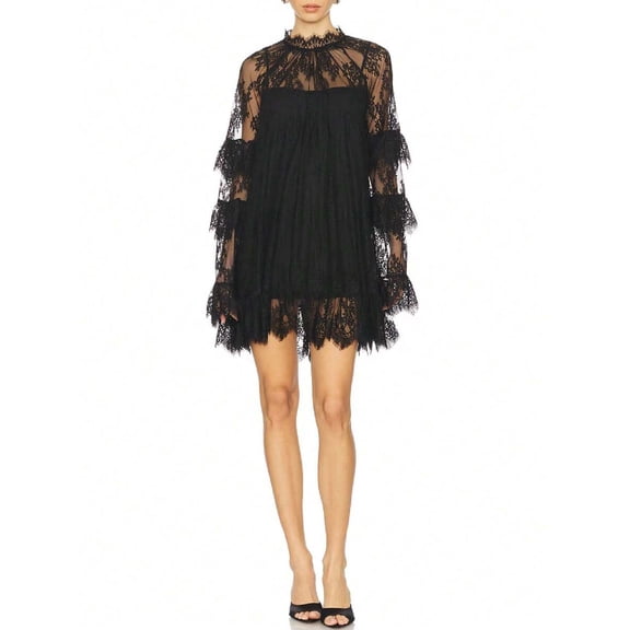 Black Womens Lace Mini Dress Long Sleeve High Neck See-Through Cocktail Party Dress
