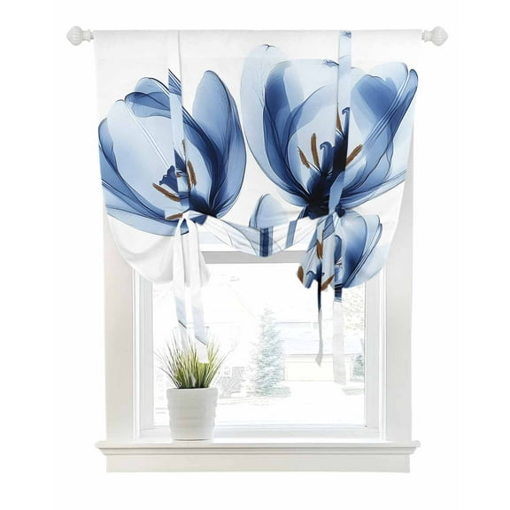 Blue Flowers Tie Up Curtains for Window, Thermal Insulated Balloon Shade Adjustable Rod Pocket Curtains Valance Panels for Kitchen Bathroom Cafe 52 x 45 Botanical Ombre Tulip Floral Minimalistg