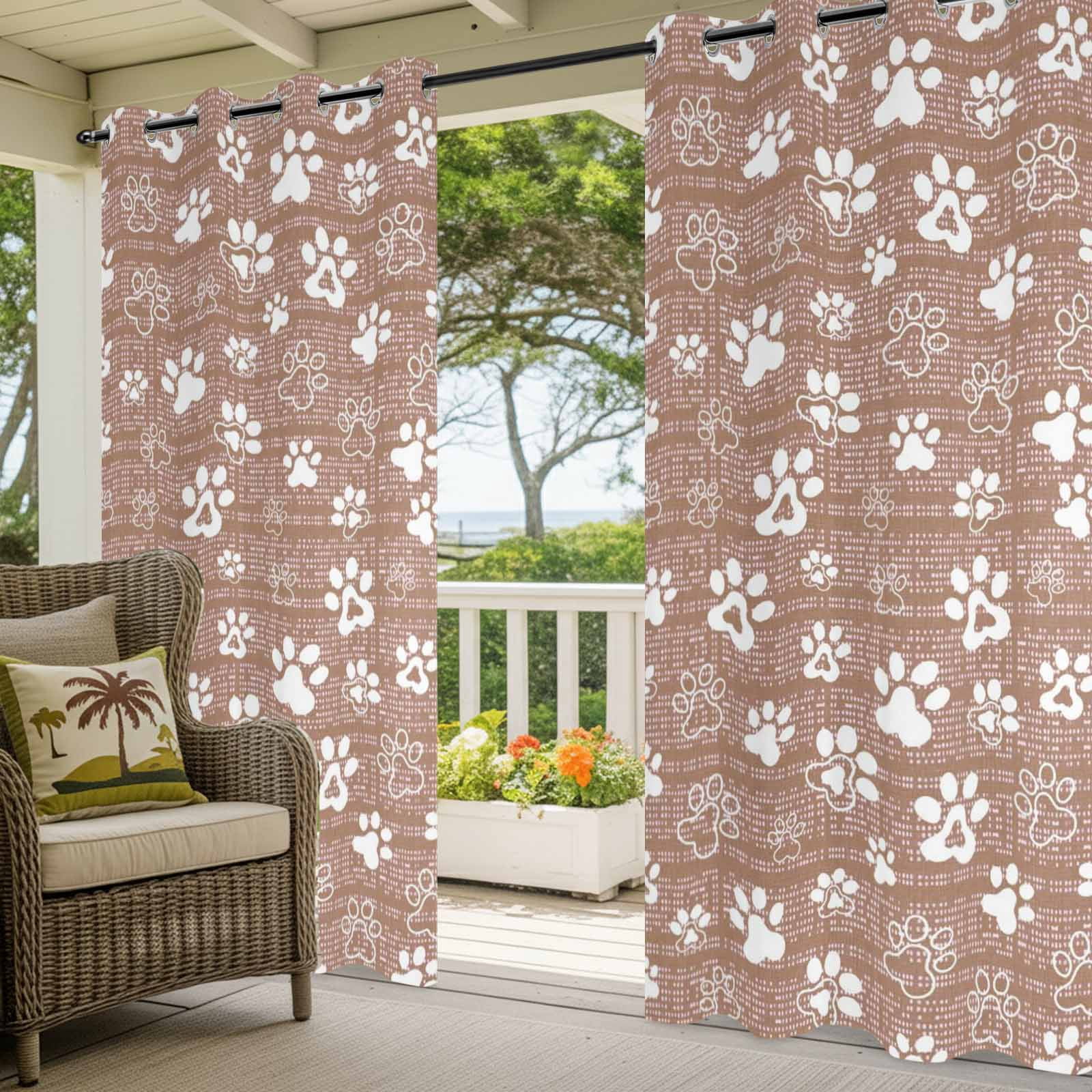 Brown Paw Print Outdoor Curtains for Patio, Modern Classic Gray White Animal Large Paw Pattern Plaid Sunshade Privacy Drapes Grommet Waterproof Outside Curtains for Porch Balcony 54"x108", 1 Panel
