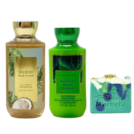 Bath & Body Works Waikiki Beach Coconut Shower Gel and Body Lotion Duo Set with an Aloe Vera Bar Soap - Full Size