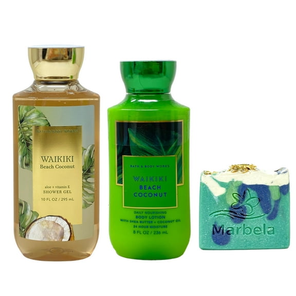 Bath & Body Works Waikiki Beach Coconut Shower Gel and Body Lotion Duo Set with an Aloe Vera Bar Soap - Full Size
