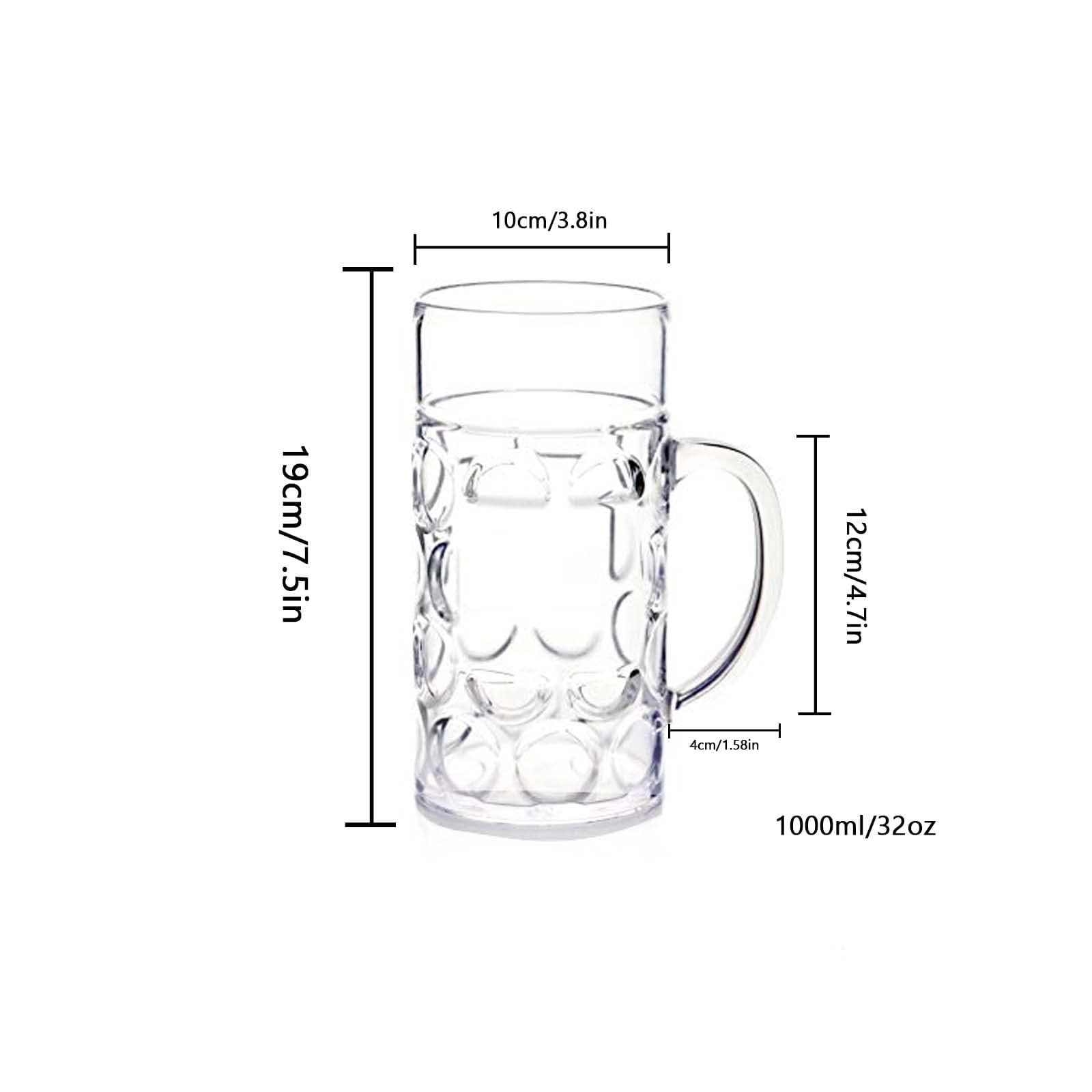 TJOUL Beer Mugs 32 oz Clear Plastic with Handles, Freezable Reusable Beer Glasses for Cold Beverages, Dishwasher Safe, Set of 2