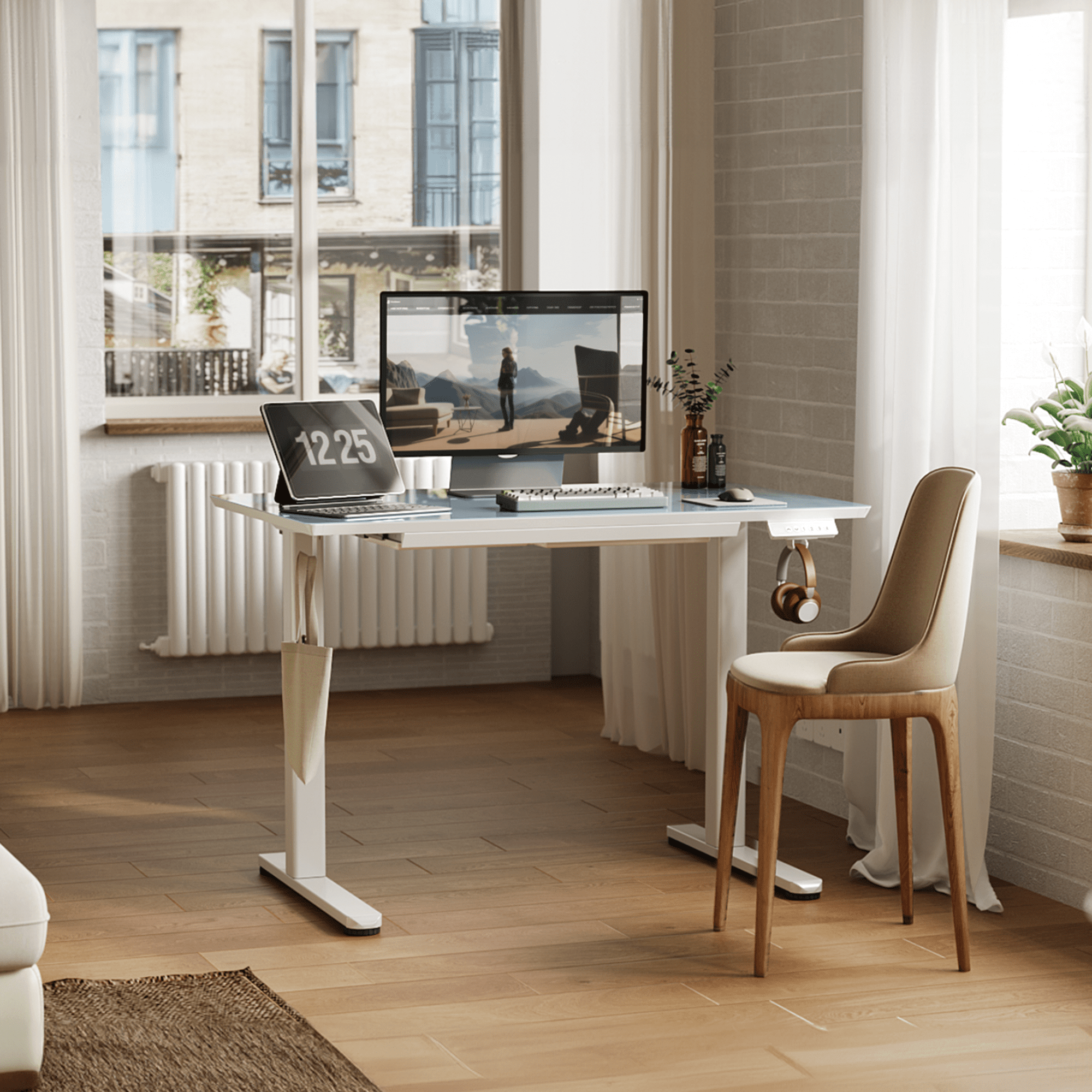 INNOVAR Glass Standing Desk with Drawers, 40 inch Adjustable Height Electric Sit to Stand up Desk, Glass Top Small Standing Teacher Desks with Storage, Morandi Blue