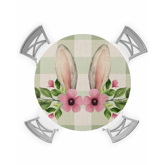 nqOlkjepod Sage Green Plaid Easter Round Tablecloth, Fitted Table Cover with Elastic for 36"-44" Round Tables, Spring Summer Floral Checkered Rustic Table Cloth Dinning Party Waterproof Tablecloths
