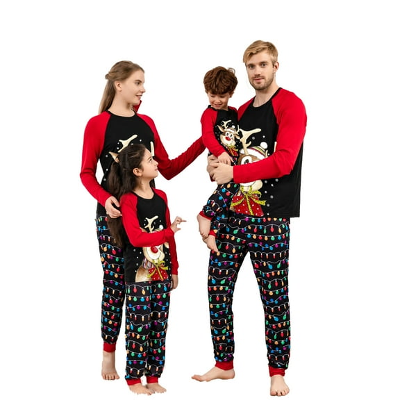 Michellecmm Christmas Pajamas for Family, Long Sleeve Deer Print Raglan Tops String Lights Pants Set