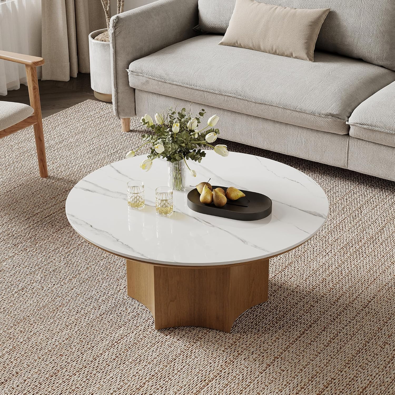 35.43" Round Coffee Table for Living Room, Sintered Stone Coffee Table with Wooden Hexagon Base, Modern Living Room Table Circle Center Table Tea Table for Home Office