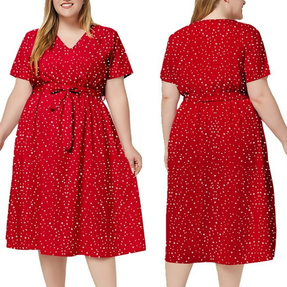 Hueook Winter Dresses for Women Summer Plus Size Solid Color V-neck Short Sleeved Casual Thin Strap Dress Red 4X