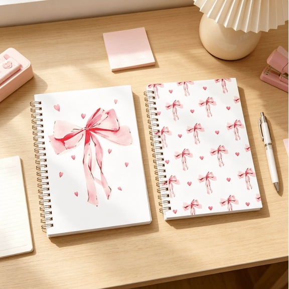 2 Pack A5 Cute Bow‑Knot Spiral Notebook, Kawaii Lay‑Flat Journal, Smooth Paper, Aesthetic Stationery Gift for Girls Students School Office Use