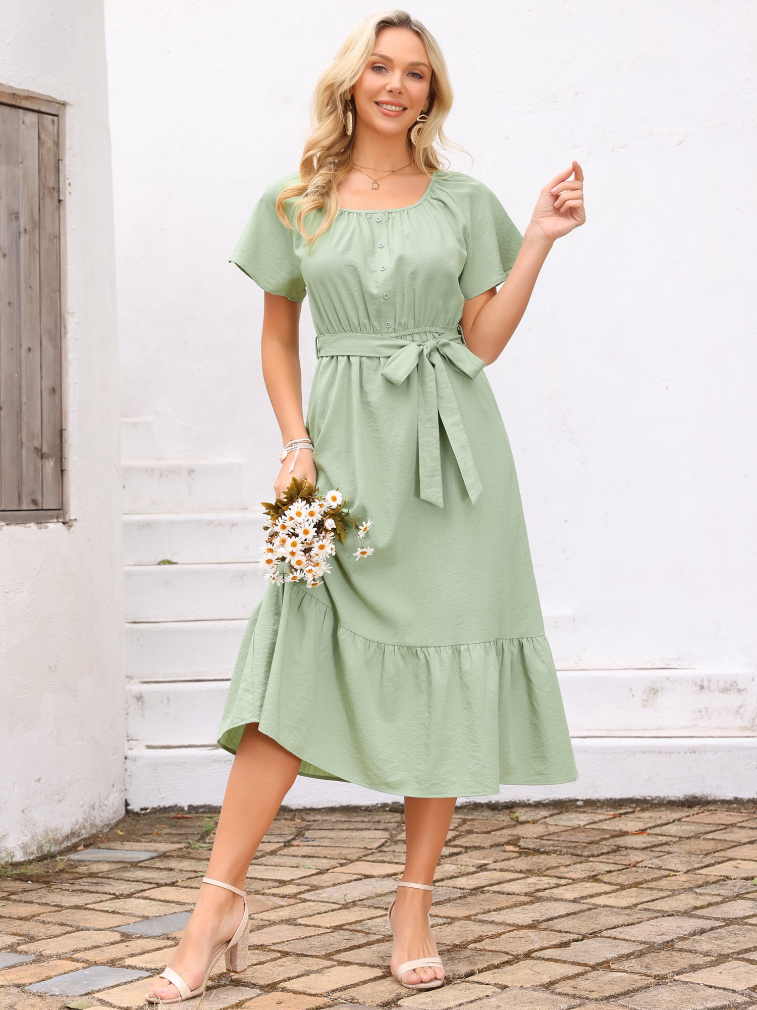 DARING DIVA Women's Flutter Short Sleeve Maxi Dress with Tie Waist XL Light Green