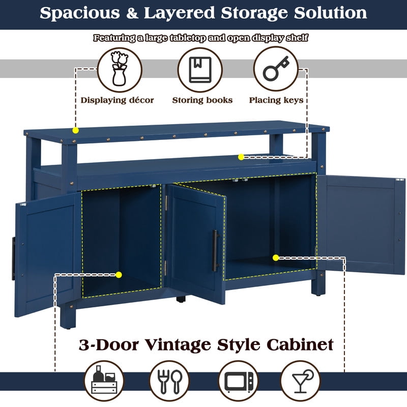 Mid-Century Modern 3-Door Buffet Sideboard Console Table with Nailhead Trim, 2-Tier Open Shelving Coffee Bar Storage Cabinet
