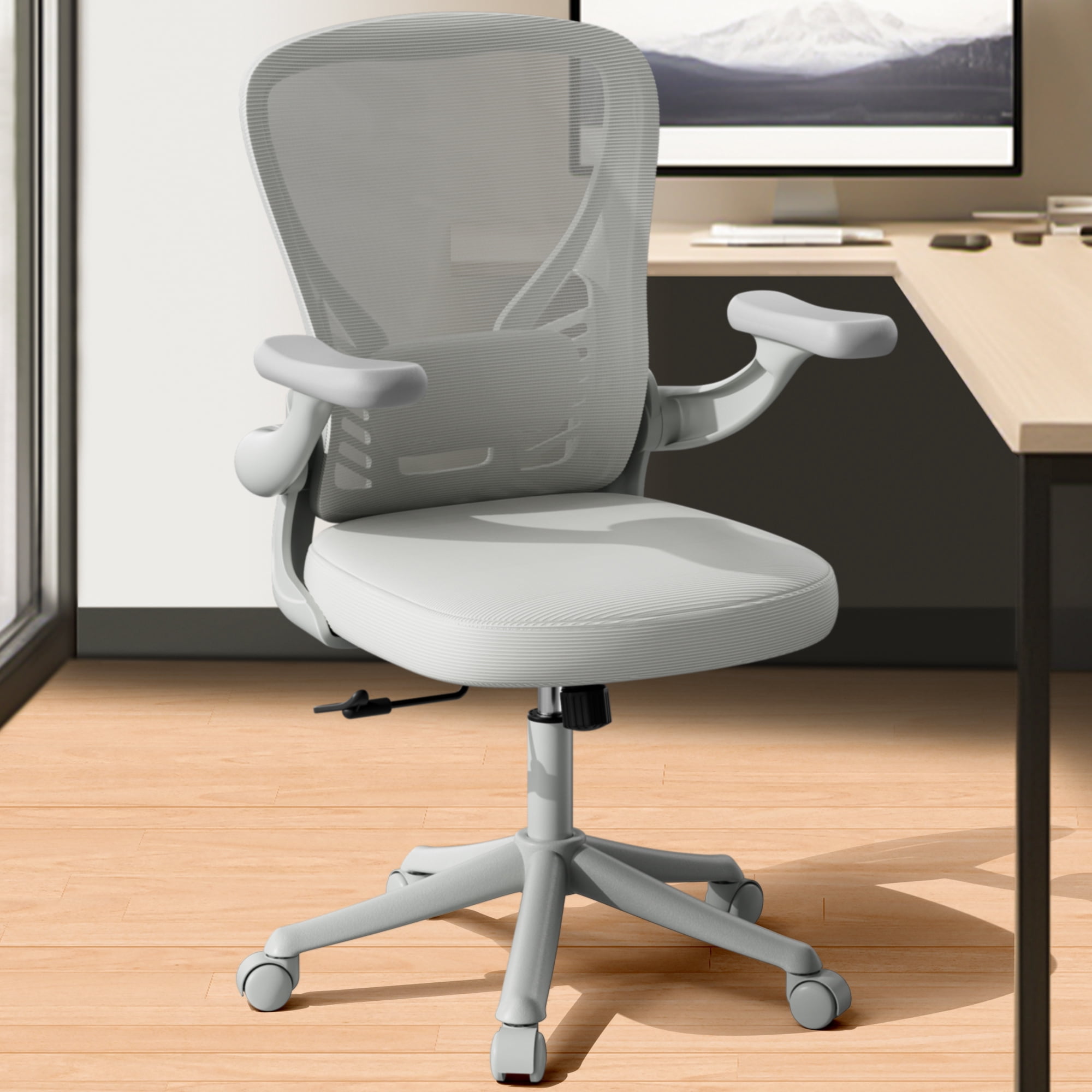 Ninecer Ergonomic Mesh Office Chair, Mesh Back Office Chair with Flip-up Arms, Swivel Computer Desk Chair with Lumbar Support for Adult, Light Gray