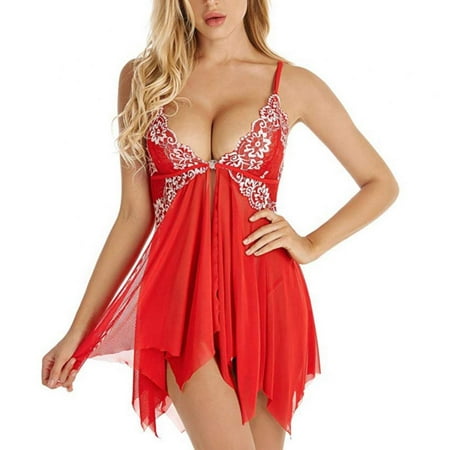 Pretty Comy Lingerie for Women Front Closure Babydoll Lace Chemise V Neck Mesh Sleepwear