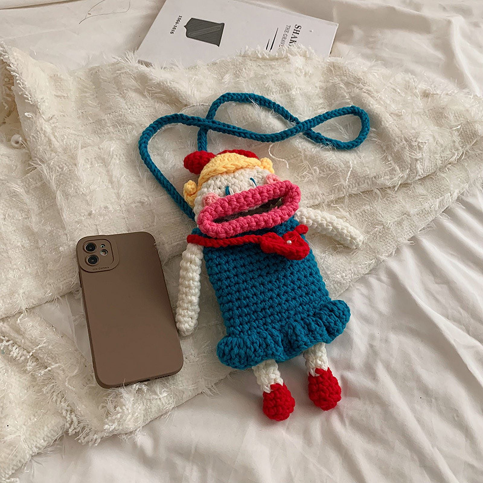 Baguery Handmade Crochet Phone Bag - Sausage Mouth Design, Ugly Cute Knitted Crossbody Purse for Cell Phone/Keys/Lipstick