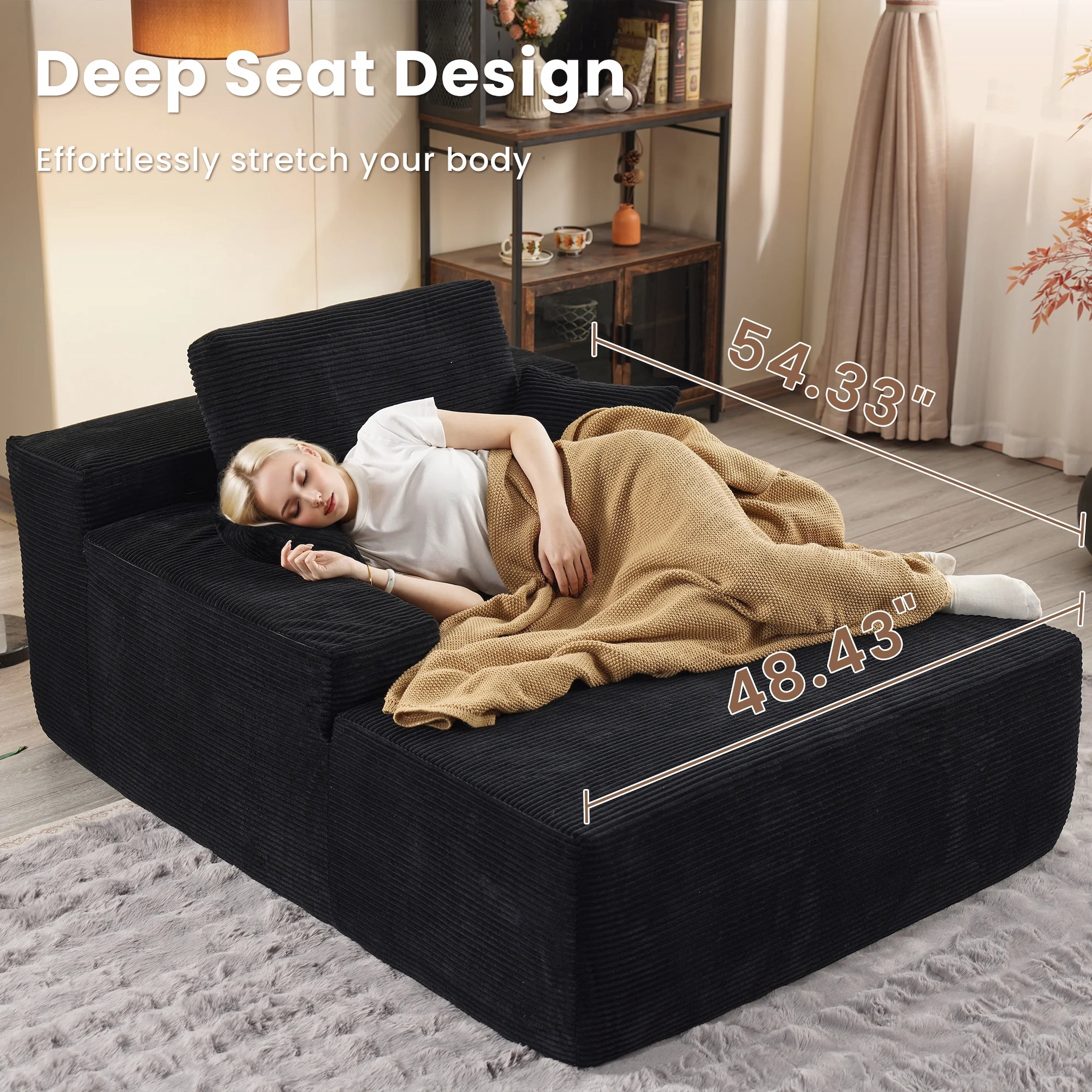 Vcatnet 67"x48" Chaise Lounge Chair Indoor Oversized Lounge Couch Upholstered Corduroy Sofa Bed for Living Room and Bedroom, Black
