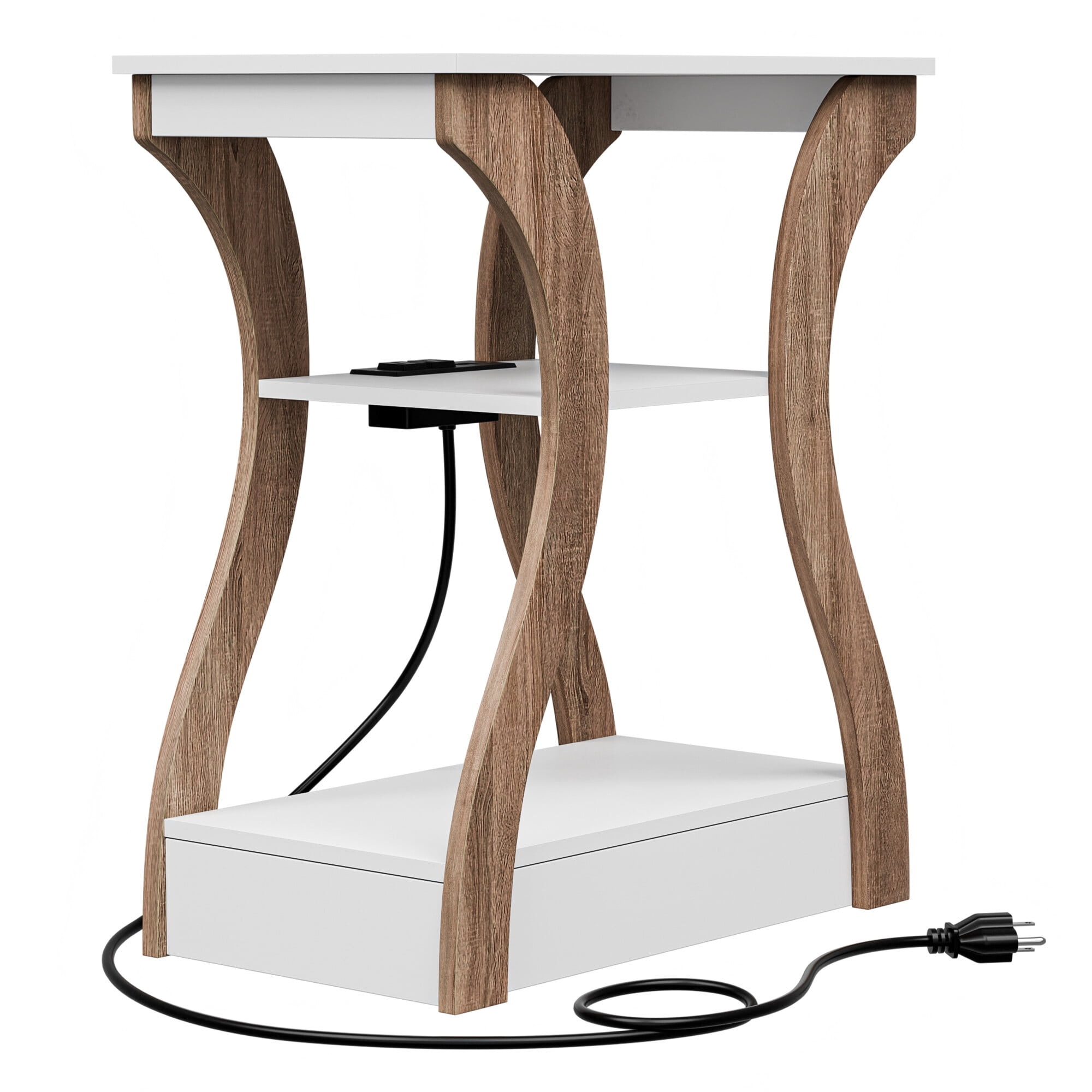HomGarden Set of 2 Arc End Table W/Charging Station, 3 Tier Arc Sofa Side Table W/USB Ports & Storage Shelf for Living Room, Bedroom, White