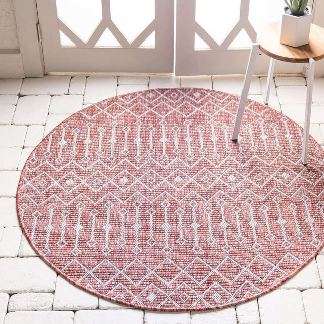Unique Loom Tapis Rond en Treillis Géométrique Transitionnel Tribal de Collection 4 Pieds, Rouge Rouille/gris