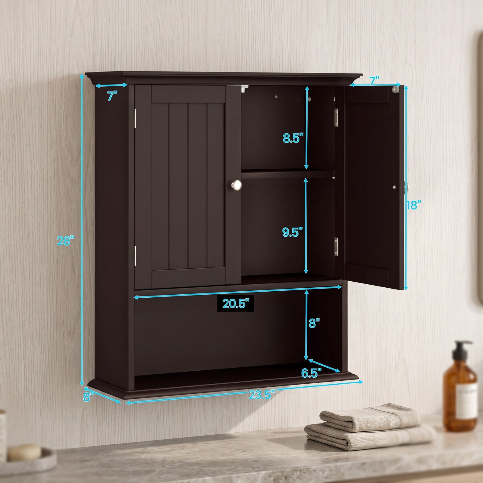 ALPULON Wall Mount Bathroom Cabinet, Space-Saving Wall Storage Organizer with 2 Doors and Adjustable Shelves for Bathroom Kitchen Bedroom Entryway, Coffee Brown