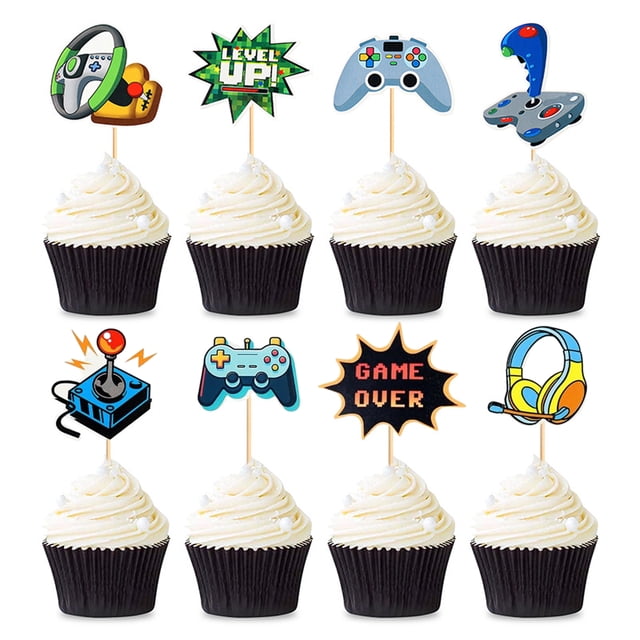 Paquete de 40 adornos para cupcakes de videojuegos, decoración para tartas de cumpleaños con temática de videojuegos, decoración de juegos, adorno para tarta de feliz cumpleaños, adorno para tarta