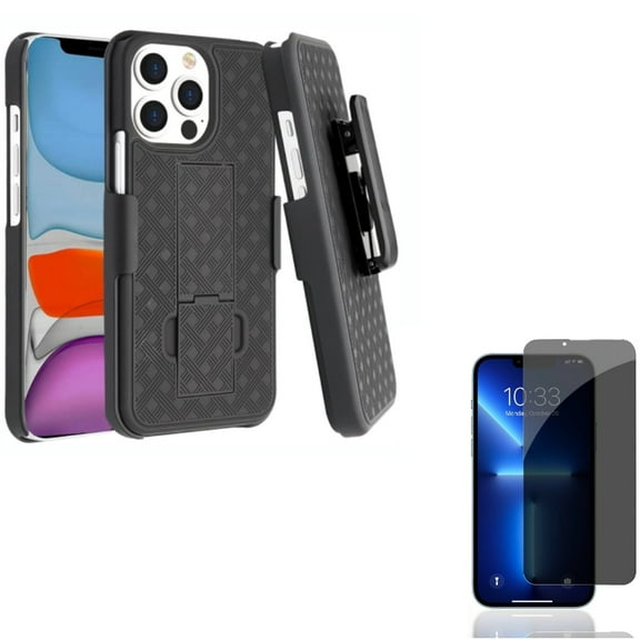 Privacy Screen Protector & Case Belt Clip for iPhone 13 Pro - Combo with Tempered Glass Curved Anti-Spy Anti-Peep & Holster Swivel Cover Kickstand