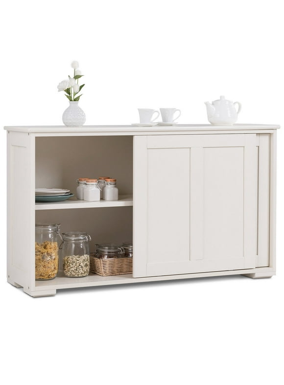 Costway Kitchen Storage Cabinet Sideboard Buffet Cupboard Wood Sliding Door Pantry Cream White