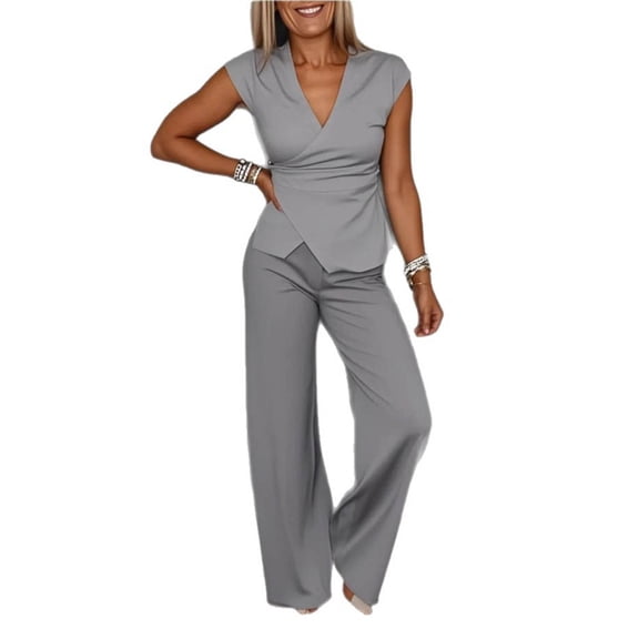 Gealkoca Pant Suits for Women Dressy 2 Piece Business Casual Outfits Vest and Elastic Waist Straight Leg Pants Set for Office Work Casual Matching Set