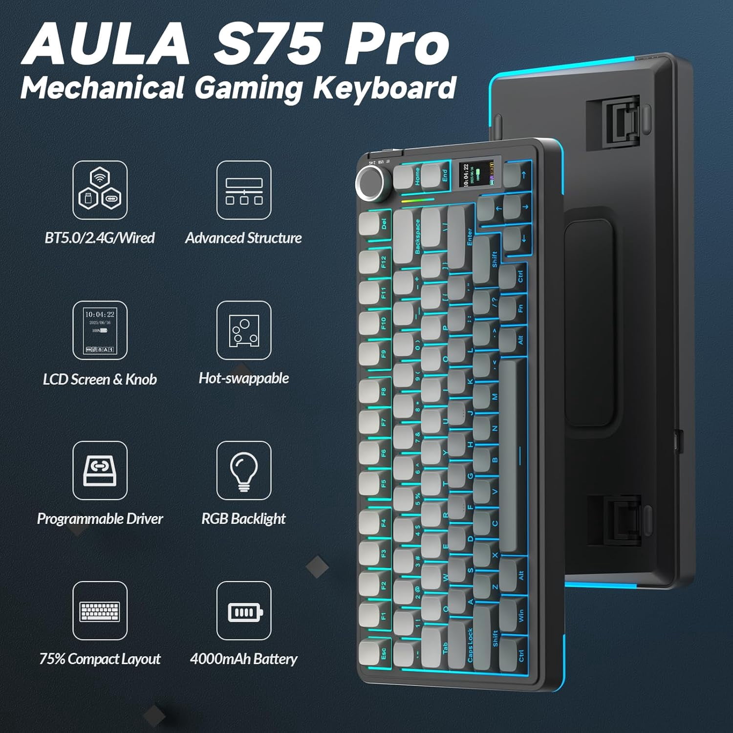 S75 PRO Wireless Mechanical Keyboard with Screen&Knob, Tri-Mode Hot Swappable Gaming 75%, Pre-lubed Switches, RGB Backlit, Side Printed PBT Keycaps, Creamy Sounding Computer Keyboards