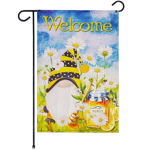 G128 Garden Flag Welcome Bee Gnome with Honey 12"x18" Blockout Fabric