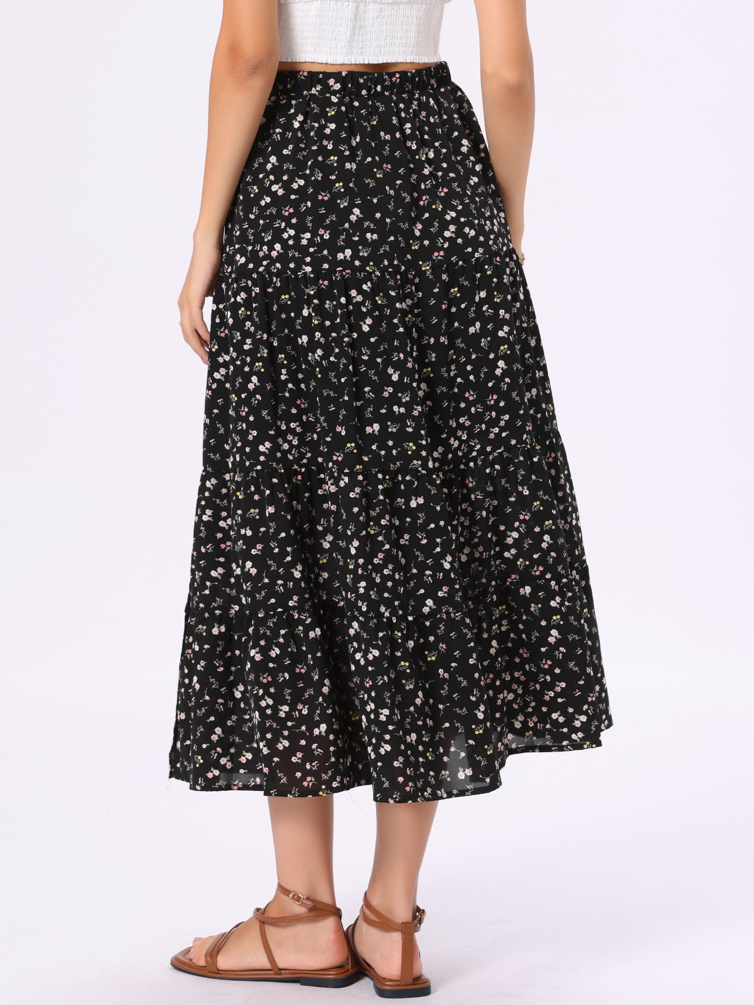 DARING DIVA Women's Floral Maxi Skirt Elastic High Waist A Line Skirts X-Large Black