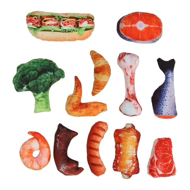 Juguete para mascotas con forma de comida, carne vegetal realista, resistente a mordeduras, juguete masticable de peluche suave y chirriante para perros pequeños y medianos