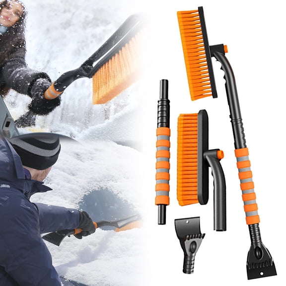 Extendable Ice Scraper And Snow Brush For Car Windshield, 25.59–31.49in Detachable Orange Brush With Ergonomic Grip, 9.45in Head For Winter Frost Removal Car SUV Truck