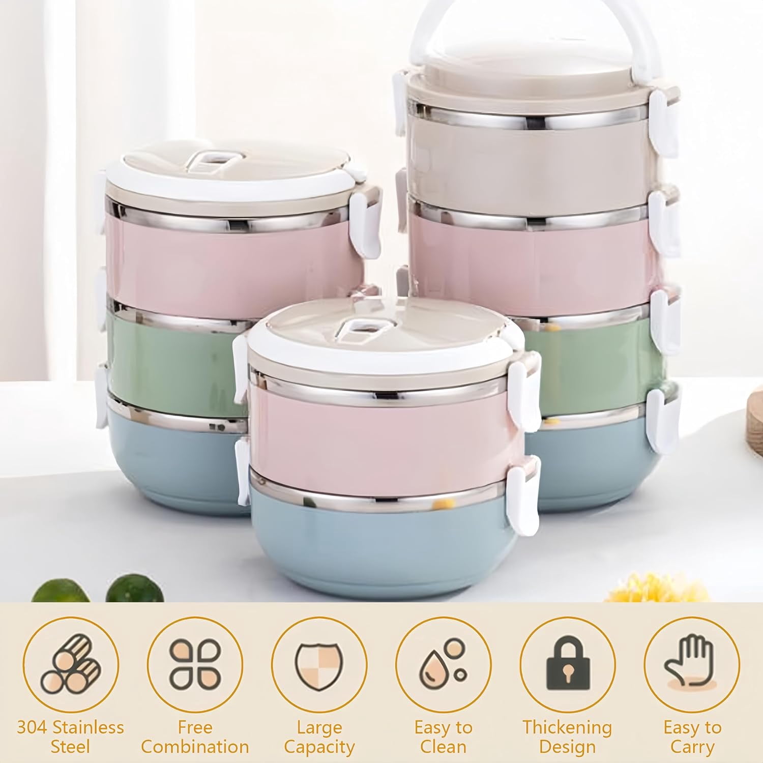 Portable Thermal Lunch Box: 304 Stainless Steel Thermal Lunch Containers, Leakproof Stackable Bento Box Adult, Food Storage for Office Outdoor Travel (2 Layers)