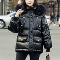thumbnail image 2 of Jinhomg Trendy Winter Jacket for Women Plus Size Casual Faux Fur Trim Hooded Puffer Coat Warm Cozy Long Sleeve Double Closure Outerwear with Pockets Black XXXXL, 2 of 10