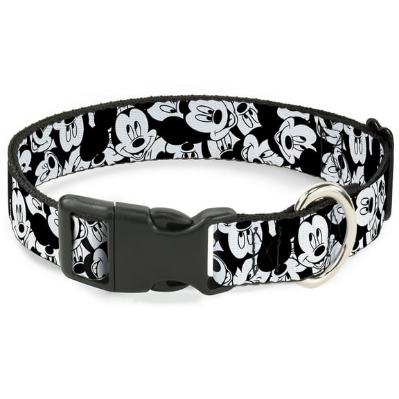 Disney Pet Collar, Dog Collar Plastic Buckle, Mickey Mouse Expressions Stacked White Black, 8.5 to 12 Inches 0.5 Inch Wide