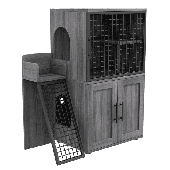 Modern Villa Litter Box Enclosure with Platform-33.5" L x 17.9" W x 41.9" H, Double Layer Hidden Furniture, Indoor Washroom, Cat House with Ladder